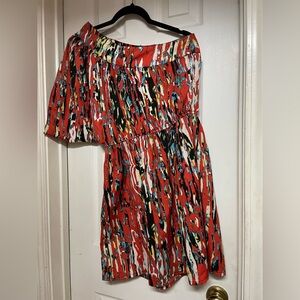 Angie One Shoulder Dress - Red Multi-Color